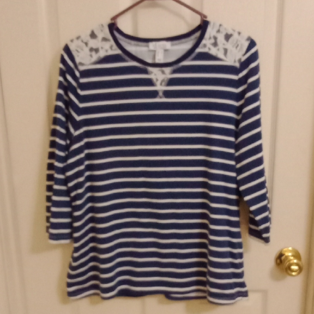 Navy and White Striped Blouse with Lace Detail